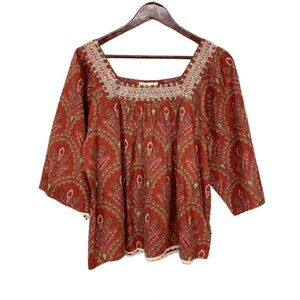Rachel Zoe Fall Bohemian Embroidered Cotton Blouse Square Neck Wide Sleeve Nwt